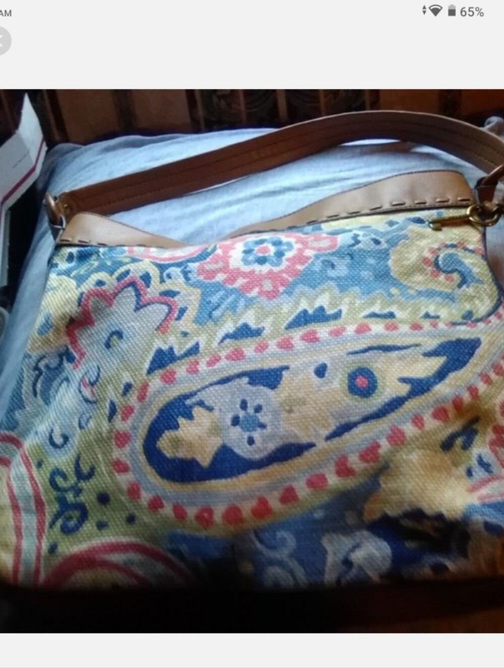 Fossil Large Multicolor Paisley Canvas Hobo with Brown Trim